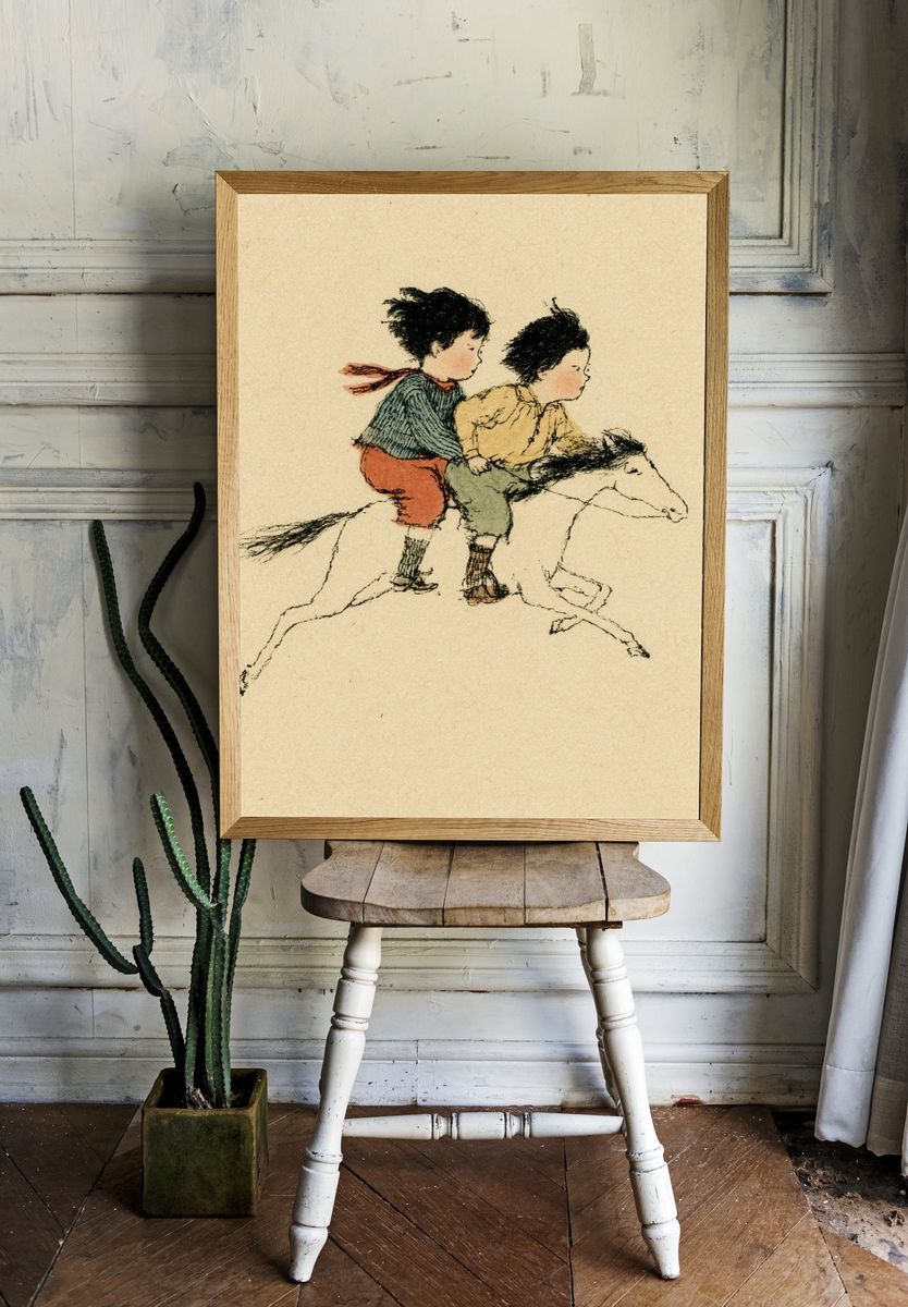 Children Riding Horse Illustration Poster. — room view 1