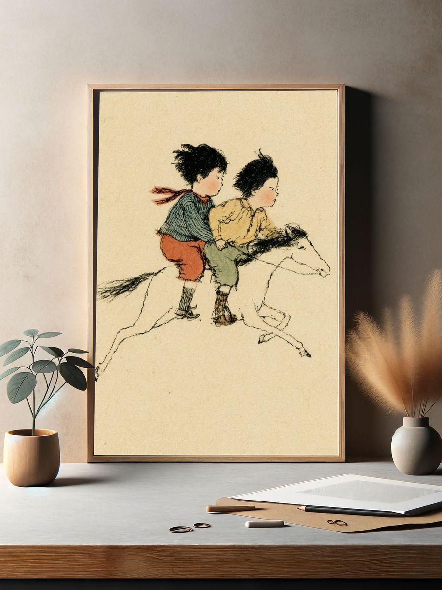 Children Riding Horse Illustration Poster. — room view 2