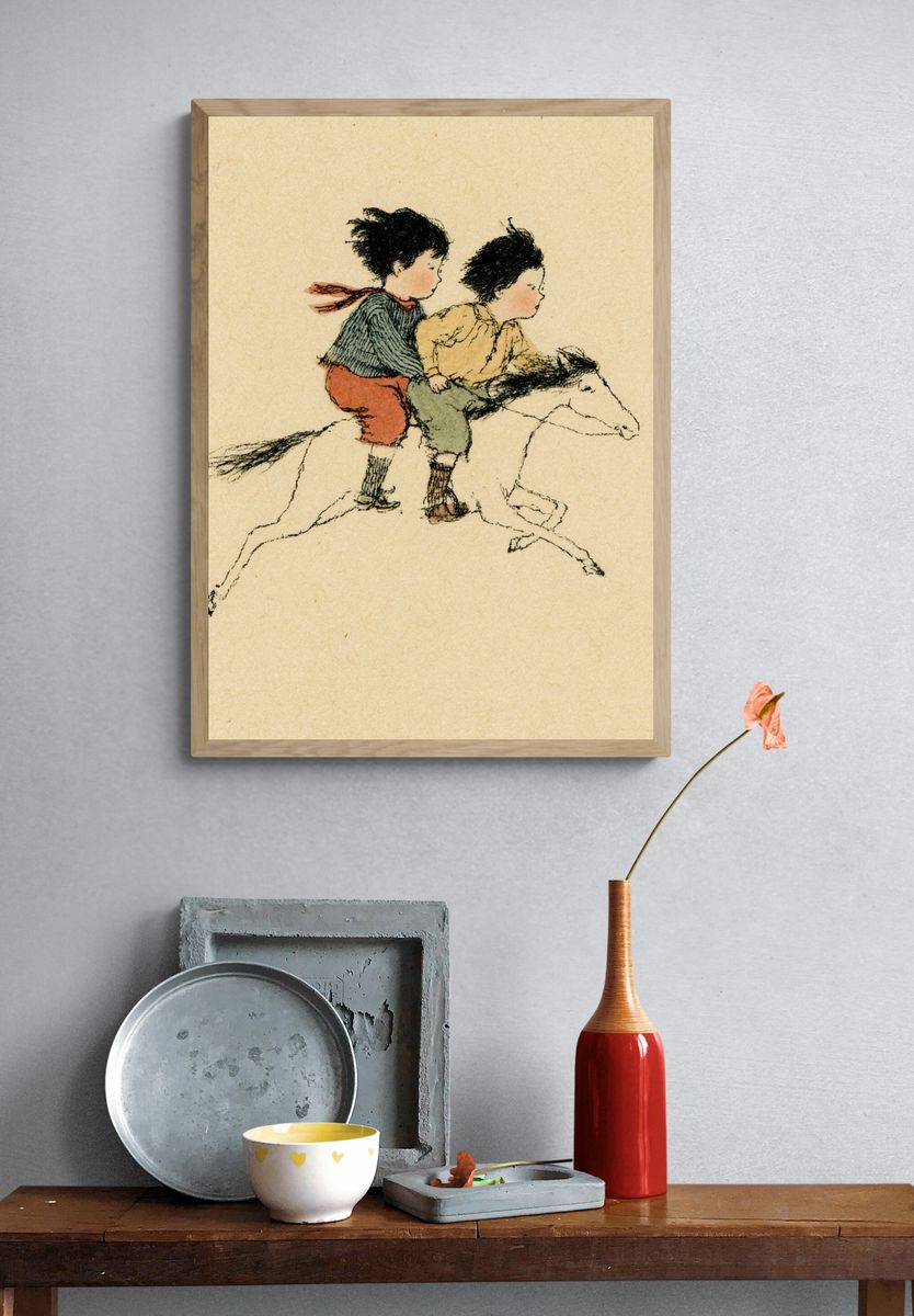 Children Riding Horse Illustration Poster. — room view 3