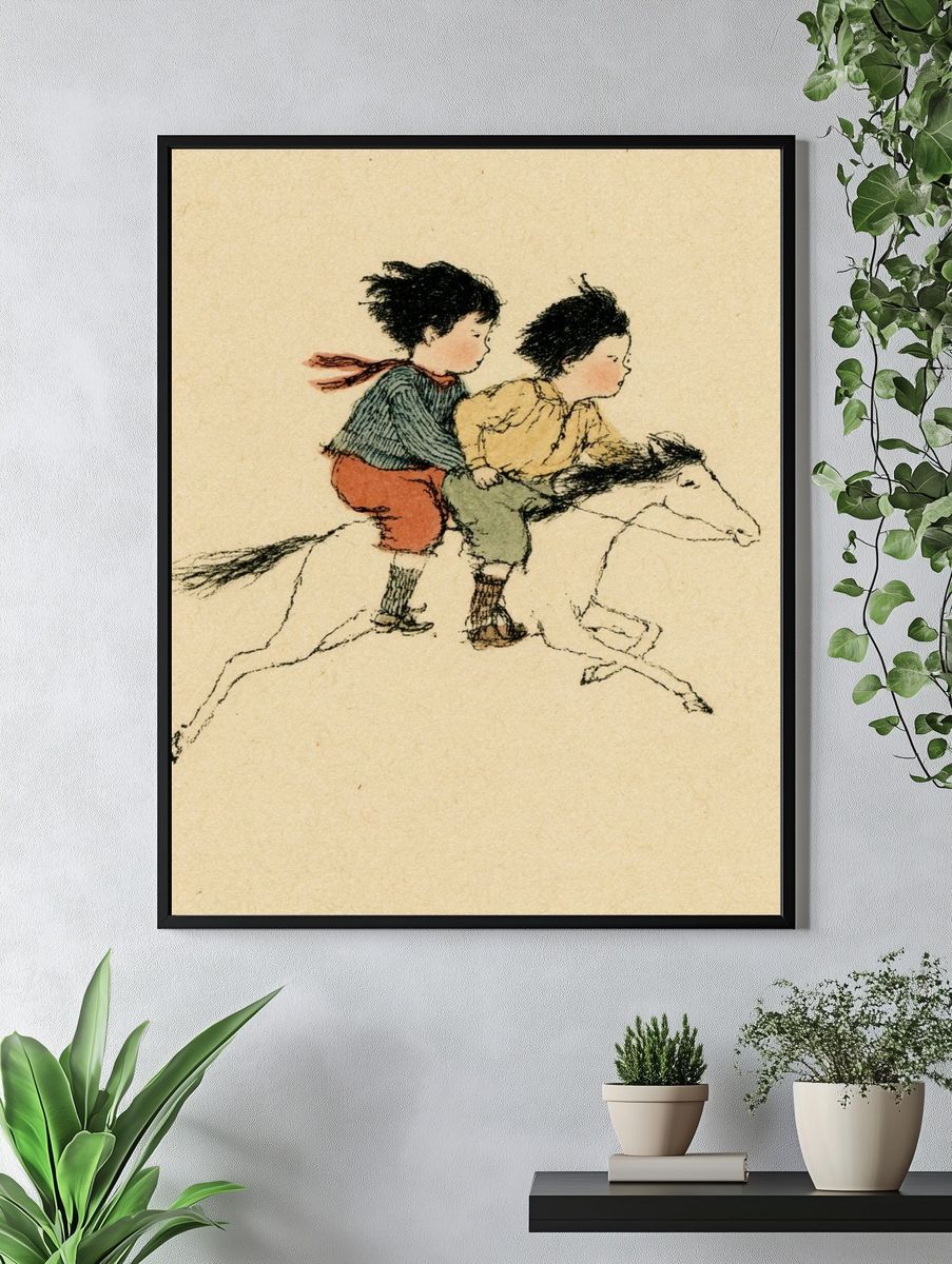 Children Riding Horse Illustration Poster. — room view 4