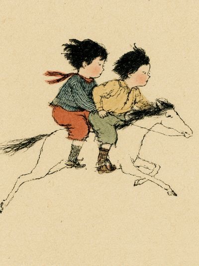 Children Riding Horse Illustration Poster. poster