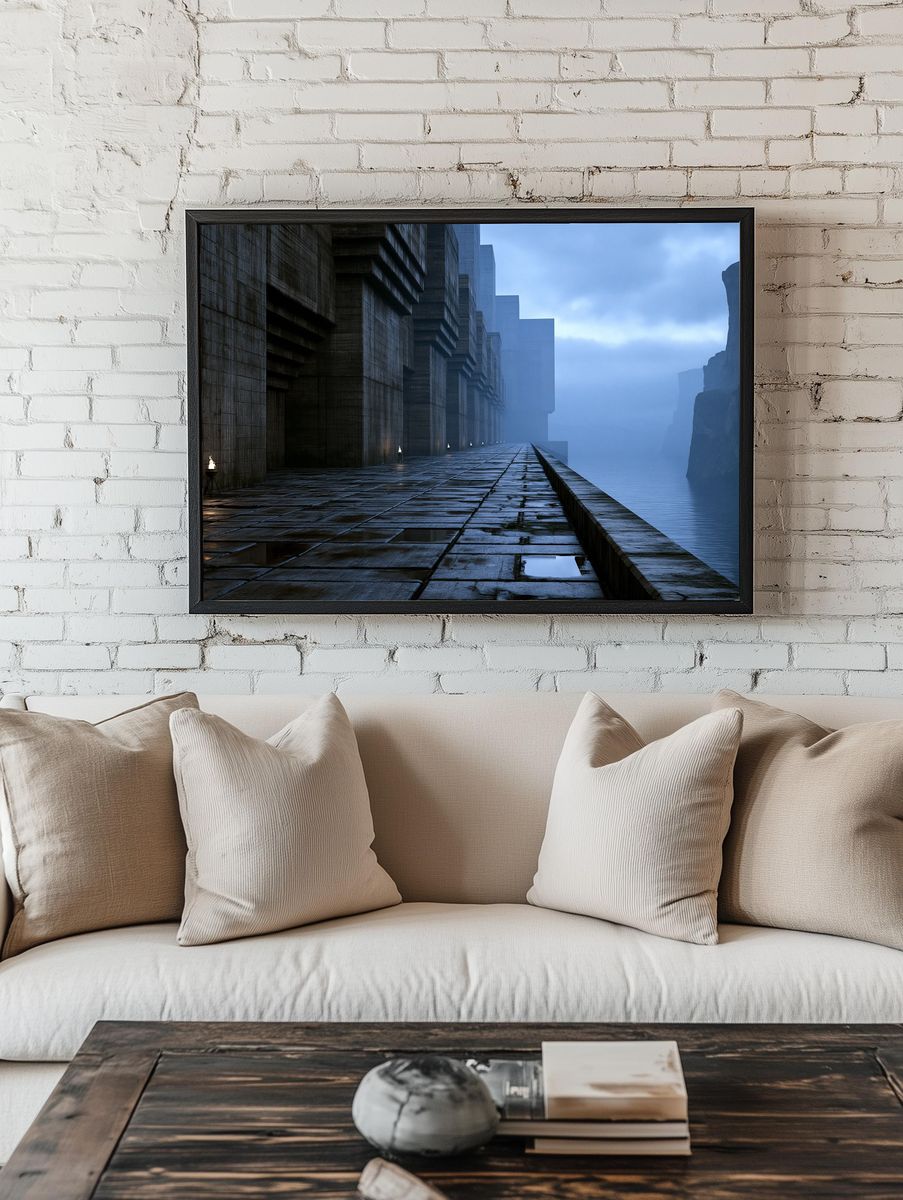 Foggy Cliffside Citadel Digital Art Print. room preview