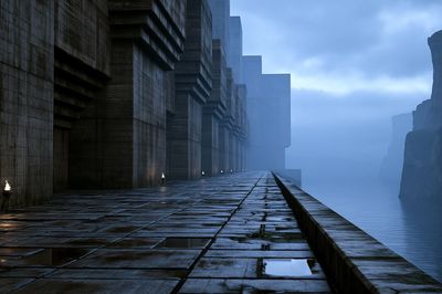 Foggy Cliffside Citadel Digital Art Print.