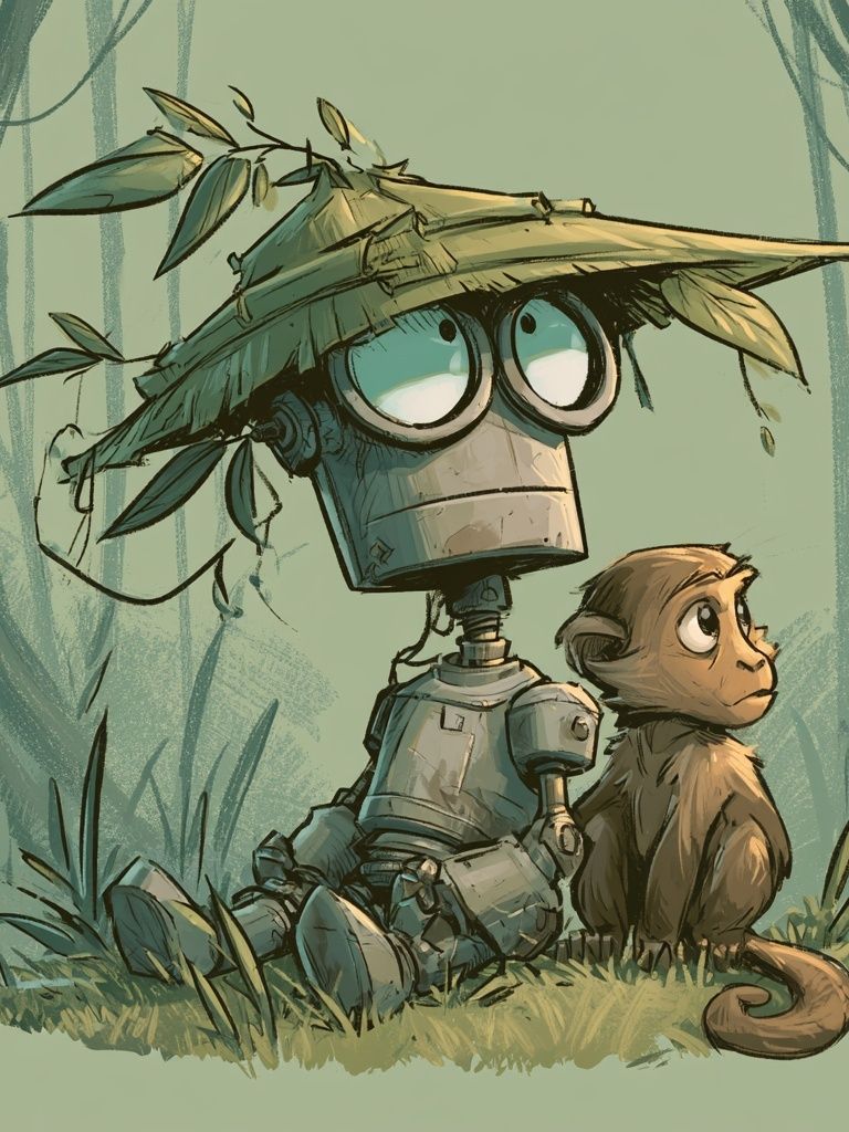 Robot and Monkey Jungle Illustration Poster. poster — illustration art