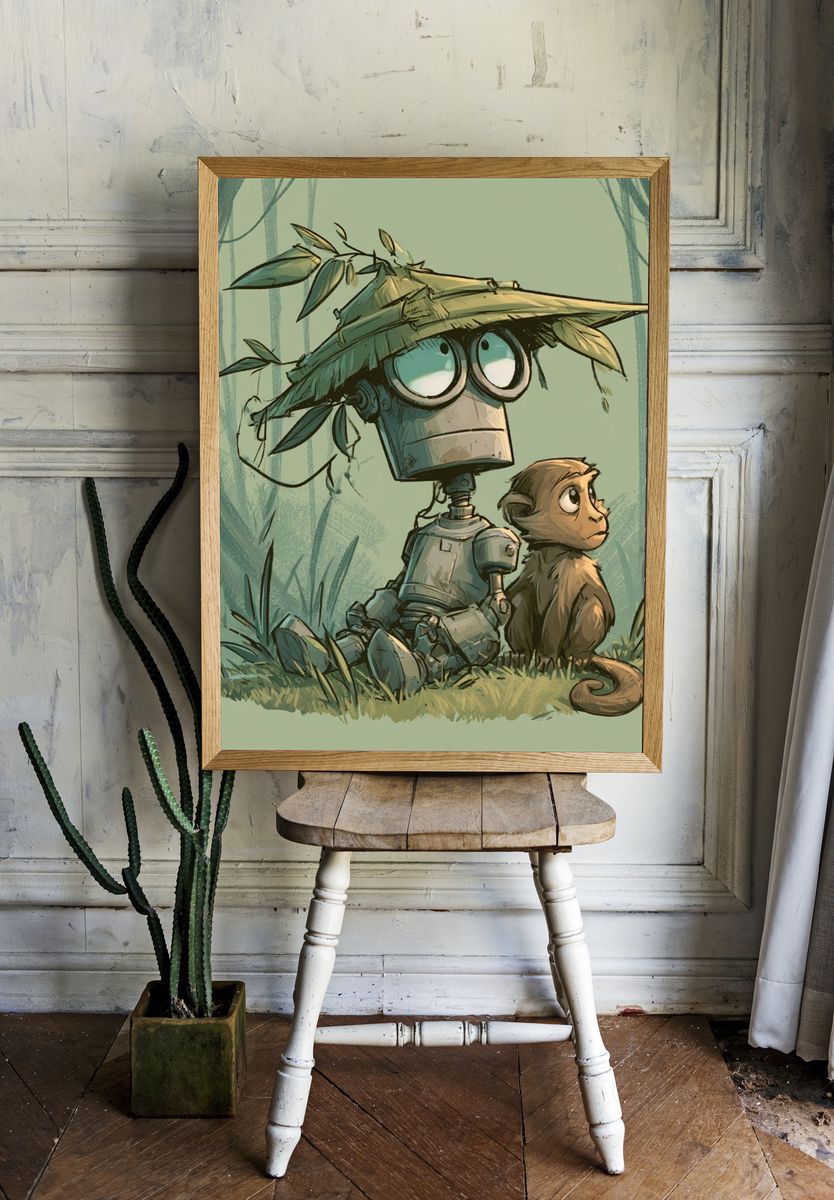 Robot and Monkey Jungle Illustration Poster. room preview