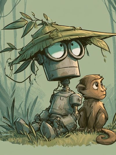 Robot and Monkey Jungle Illustration Poster.