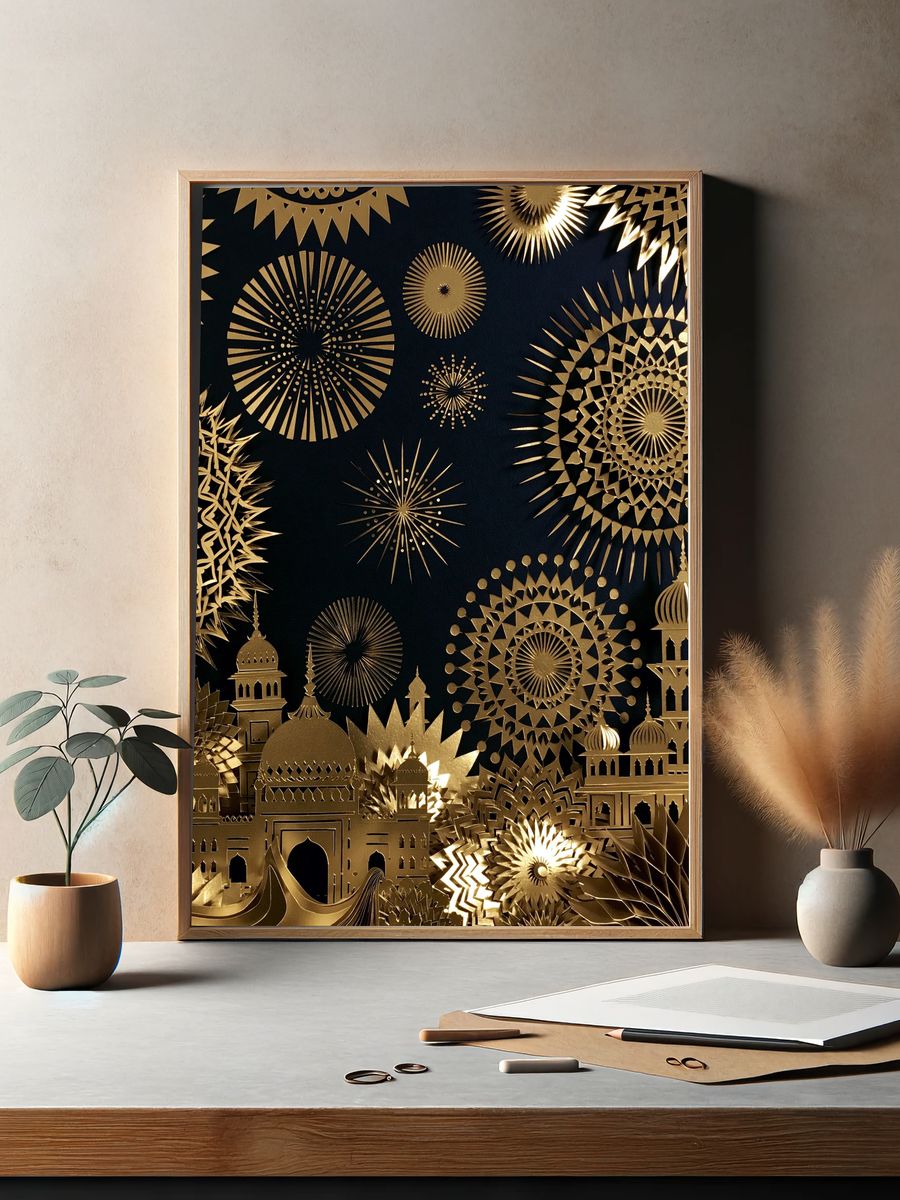Golden Mosque Fireworks Illustration Poster. — room view 2