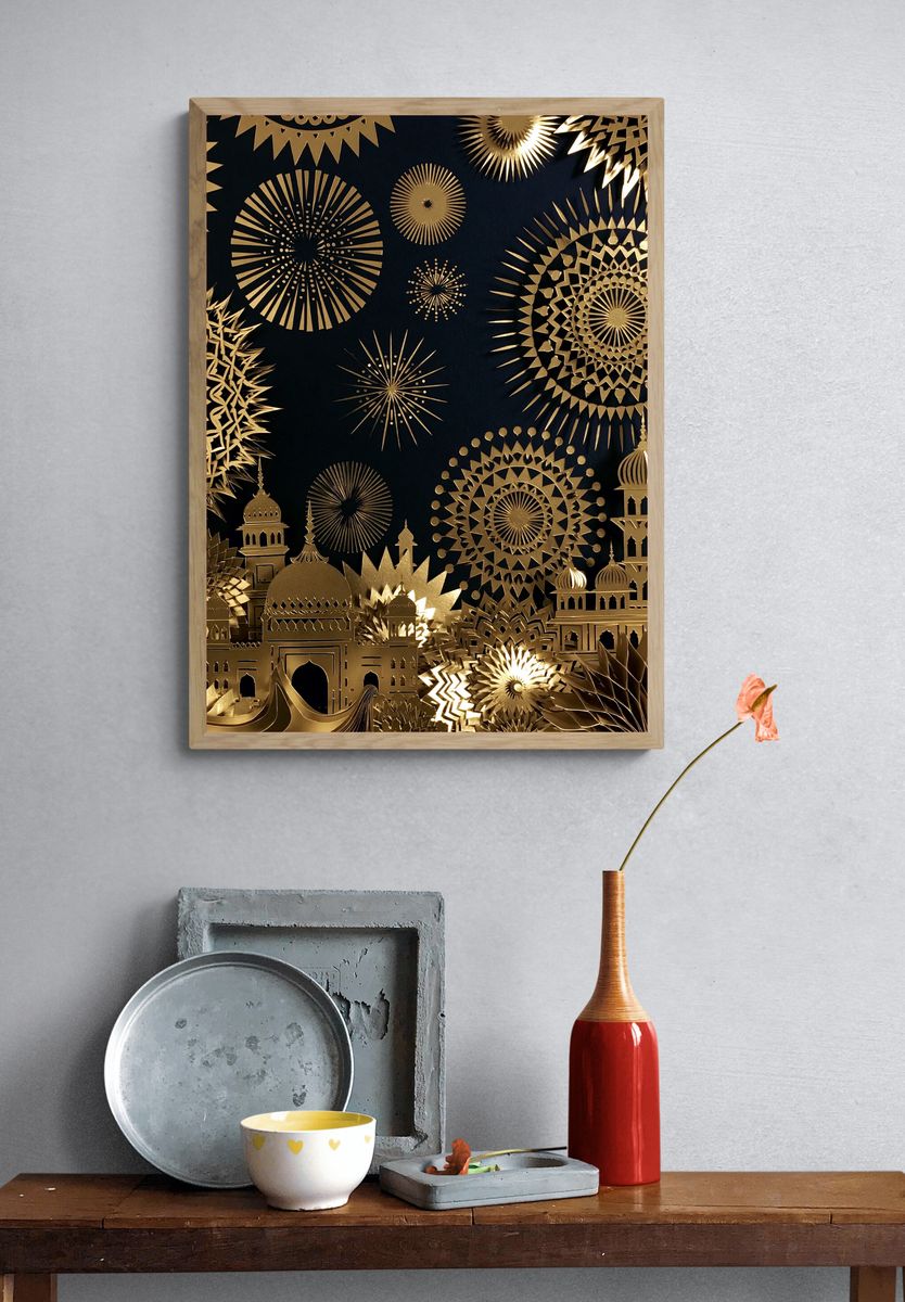 Golden Mosque Fireworks Illustration Poster. — room view 3