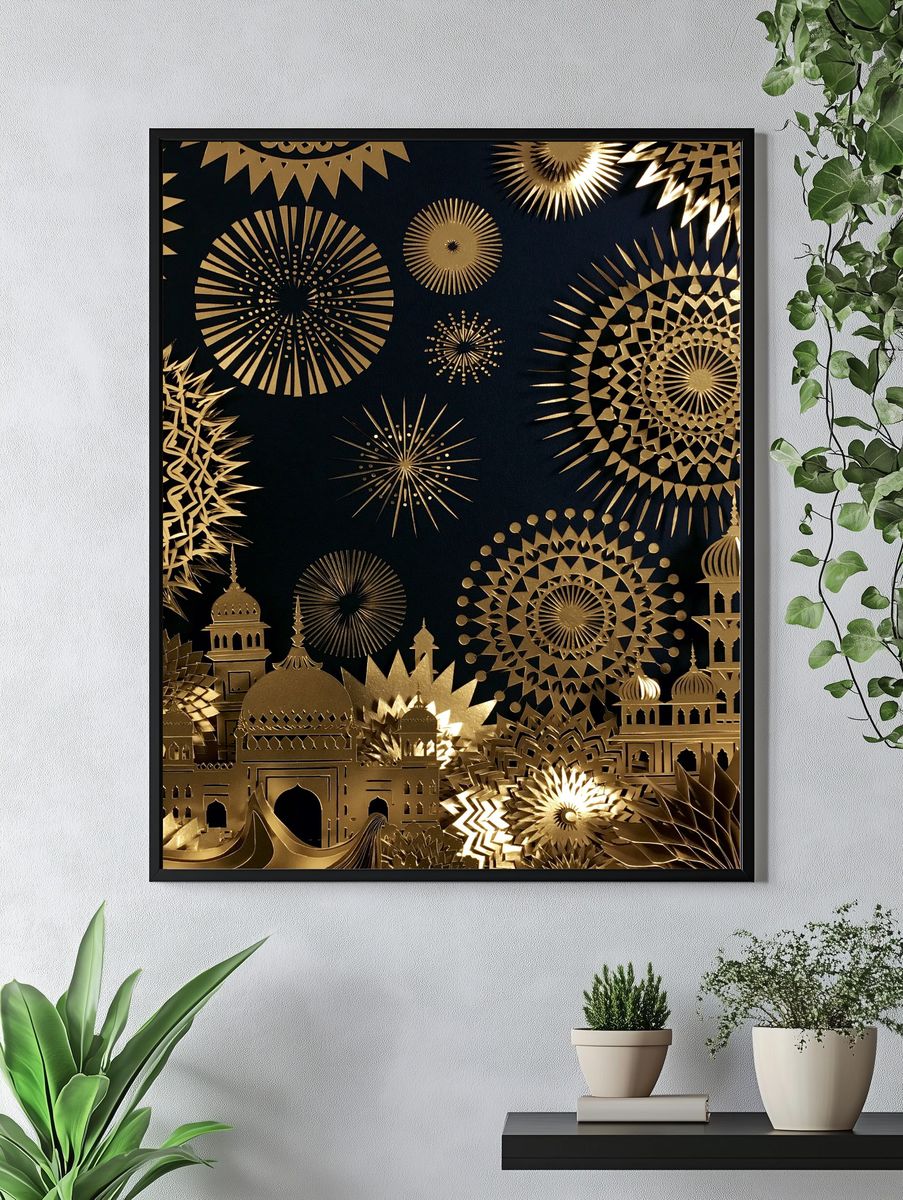 Golden Mosque Fireworks Illustration Poster. — room view 4