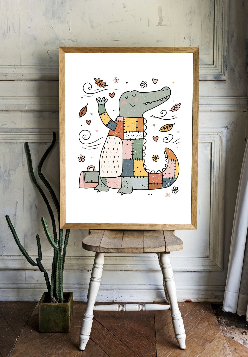 Patchwork Crocodile Illustration Poster. room preview
