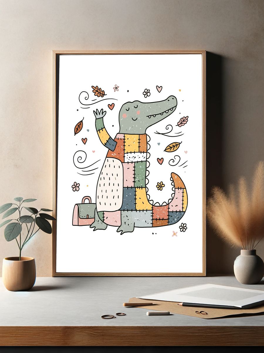 Patchwork Crocodile Illustration Poster. — room view 2