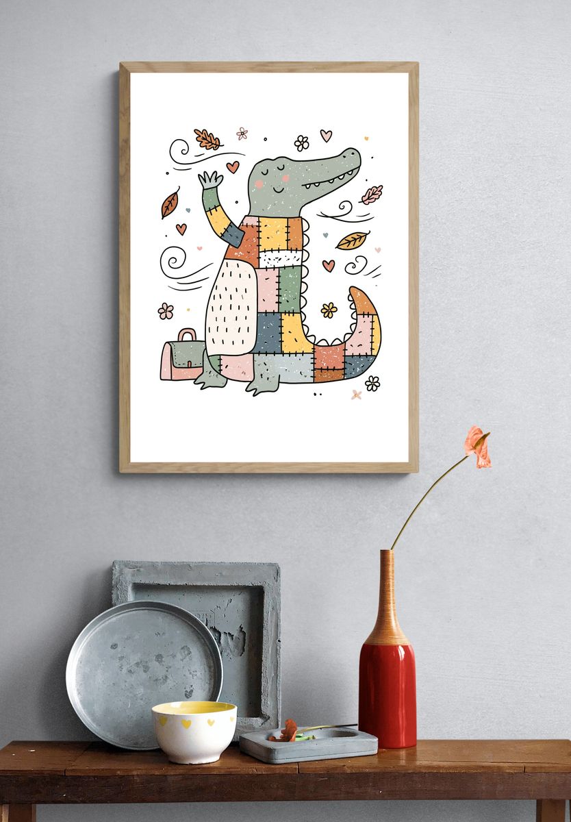 Patchwork Crocodile Illustration Poster. — room view 3