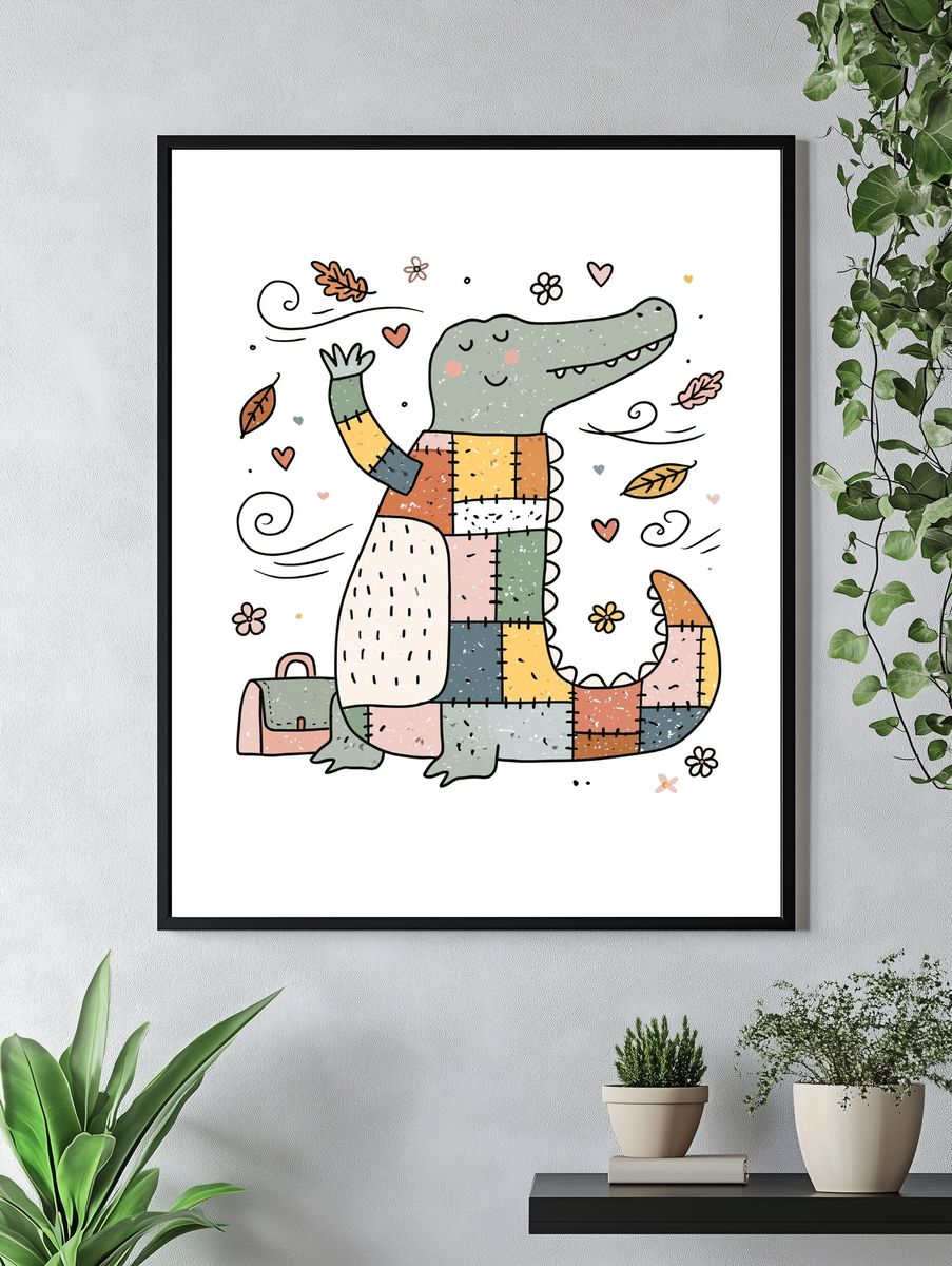 Patchwork Crocodile Illustration Poster. — room view 4