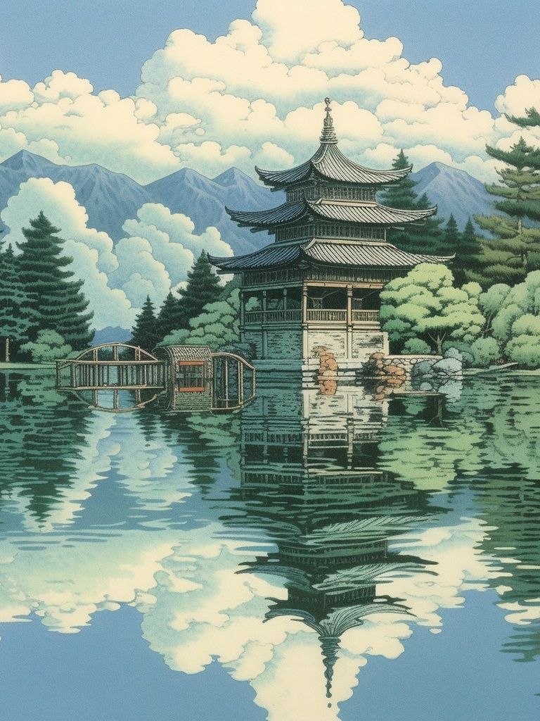Japanese Pagoda Lake Illustration Poster. poster — illustration art