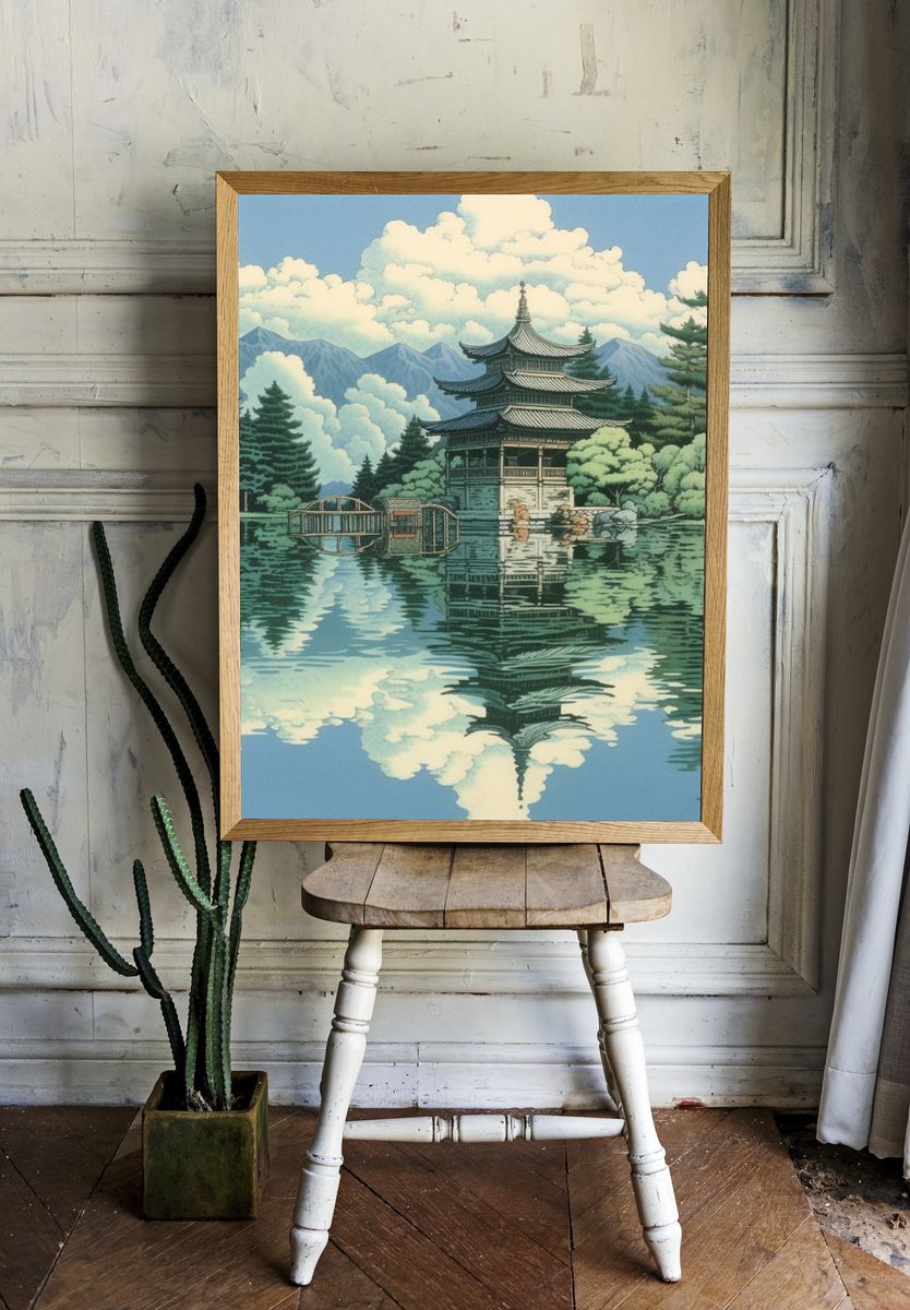 Japanese Pagoda Lake Illustration Poster. room preview