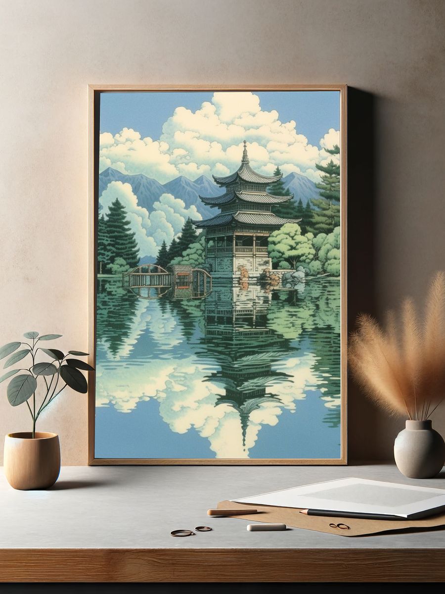 Japanese Pagoda Lake Illustration Poster. — room view 2