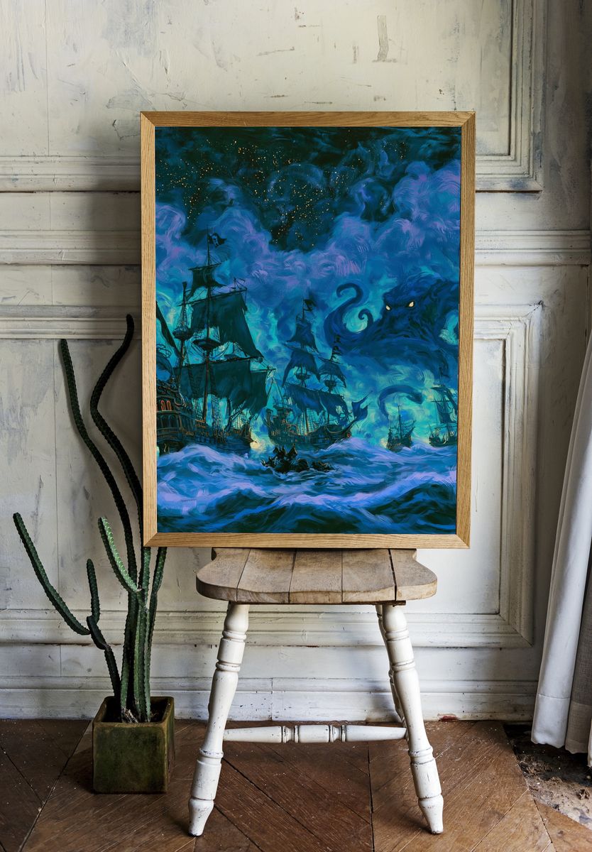 Pirate Ships in Stormy Seas Print. room preview