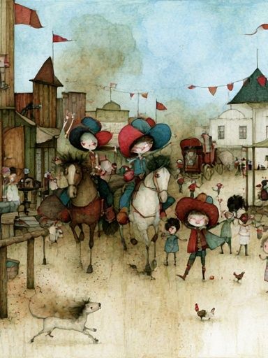 Whimsical Village Parade Illustration Poster. poster detail