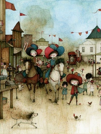 Whimsical Village Parade Illustration Poster.