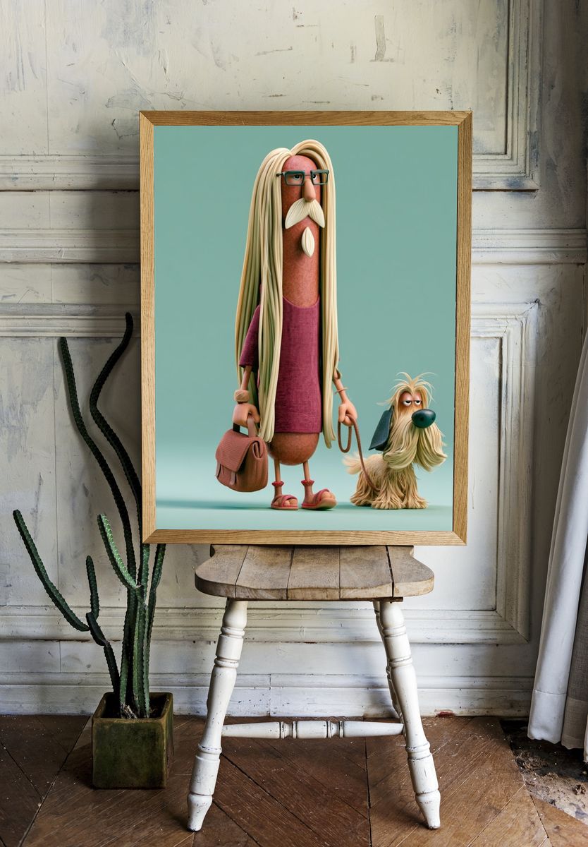 Stylized Character and Dog Illustration Poster. room preview