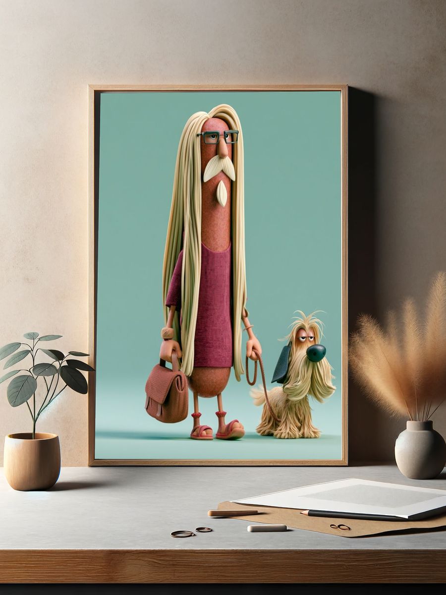 Stylized Character and Dog Illustration Poster. — room view 2