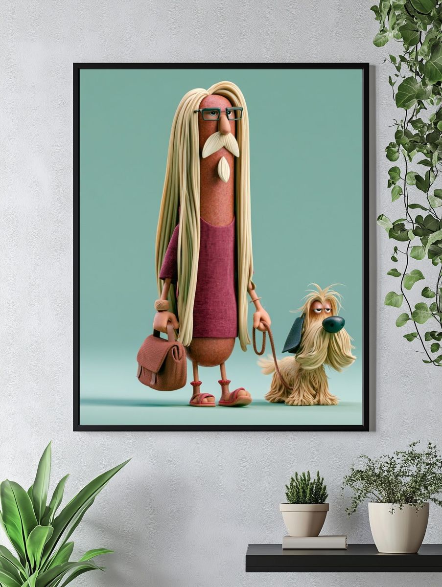 Stylized Character and Dog Illustration Poster. — room view 4