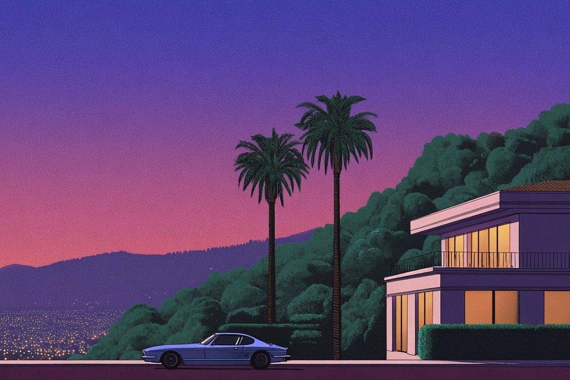 Neon Hillside Villa Retro Print. poster — illustration art