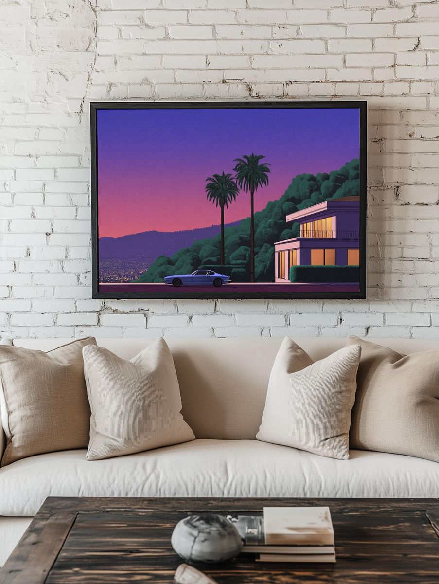 Neon Hillside Villa Retro Print. — room view 1
