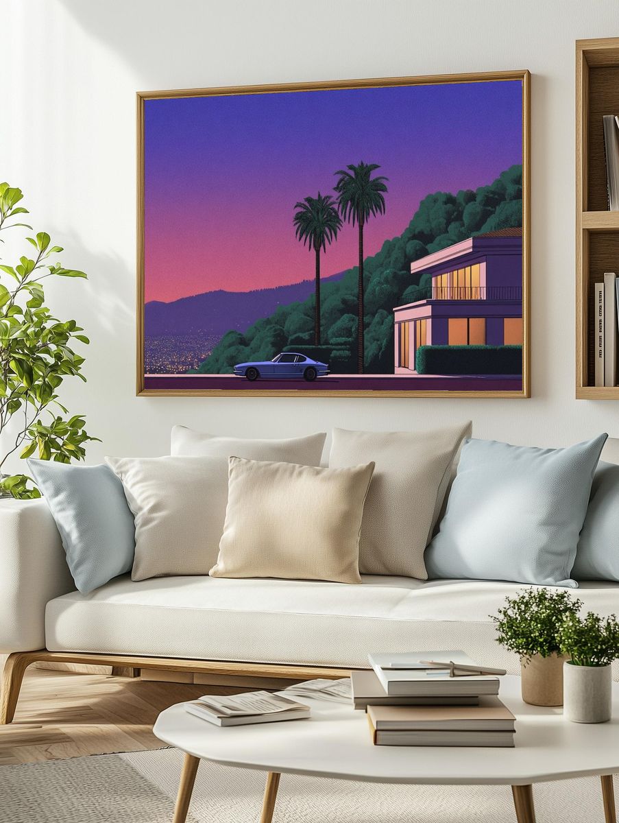 Neon Hillside Villa Retro Print. — room view 2