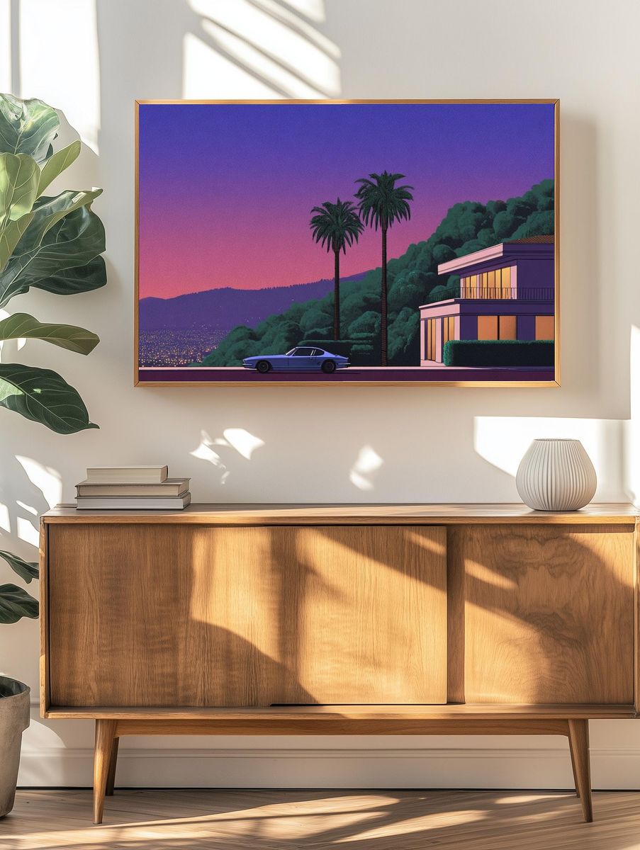 Neon Hillside Villa Retro Print. — room view 3
