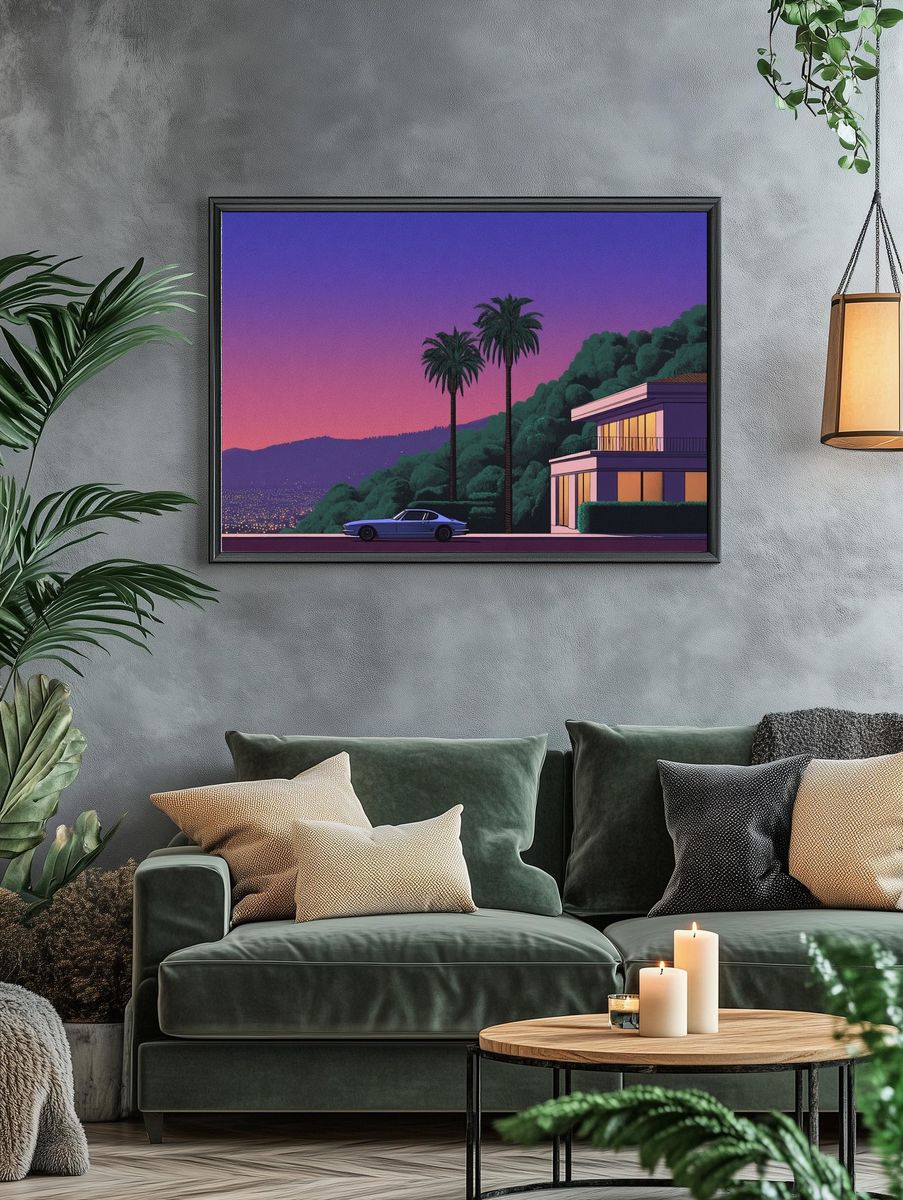 Neon Hillside Villa Retro Print. — room view 4