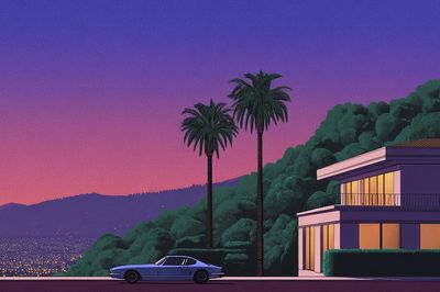 Neon Hillside Villa Retro Print. poster print