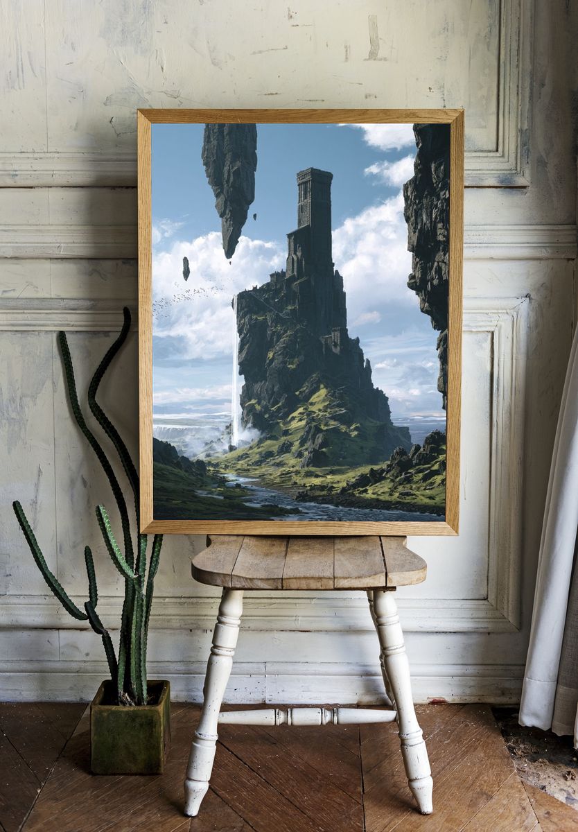 Floating Cliff Fortress Fantasy Print. room preview