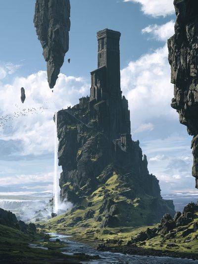 Floating Cliff Fortress Fantasy Print. poster