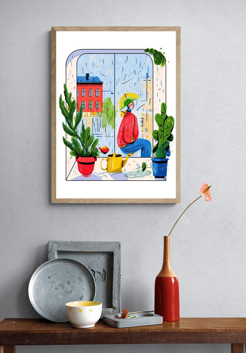 Rainy Window Scene Illustration Poster. — room view 3