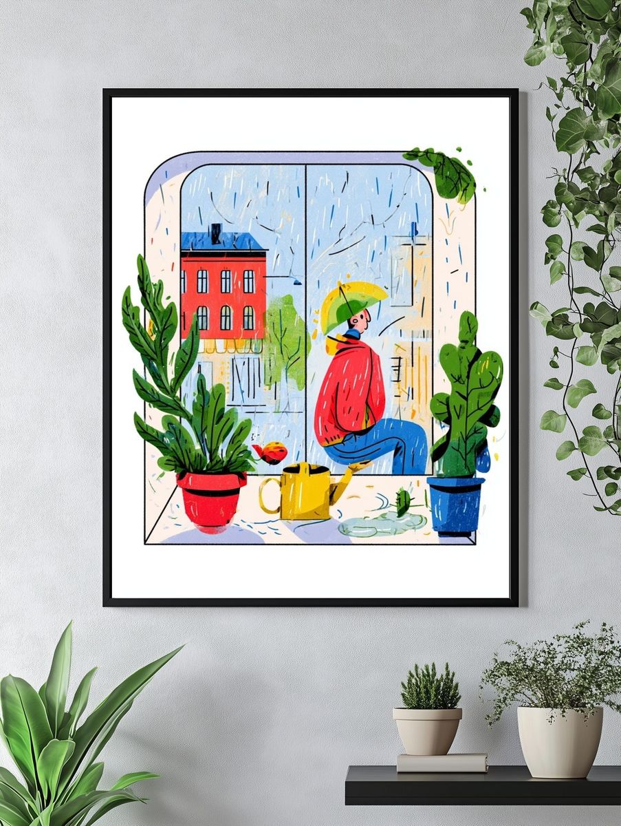 Rainy Window Scene Illustration Poster. — room view 4