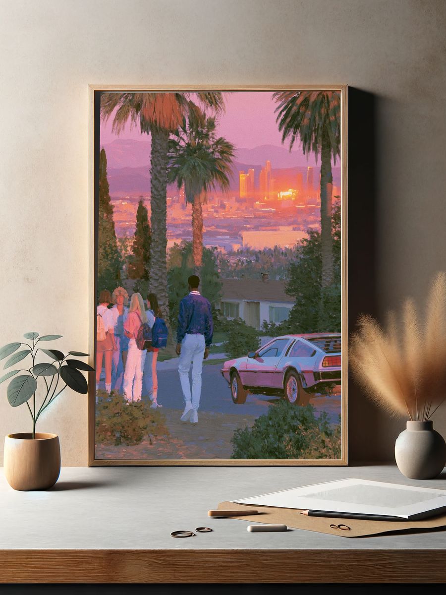 Sunset Palm Cityscape Illustration Poster. — room view 2