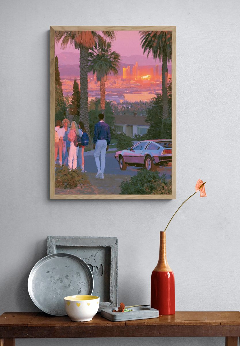 Sunset Palm Cityscape Illustration Poster. — room view 3