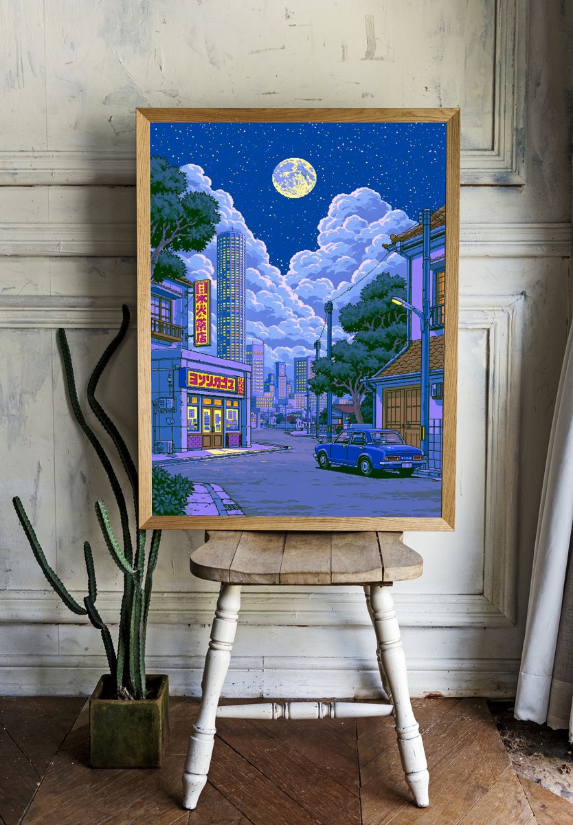 Moonlit Tokyo Street Illustration Poster. room preview