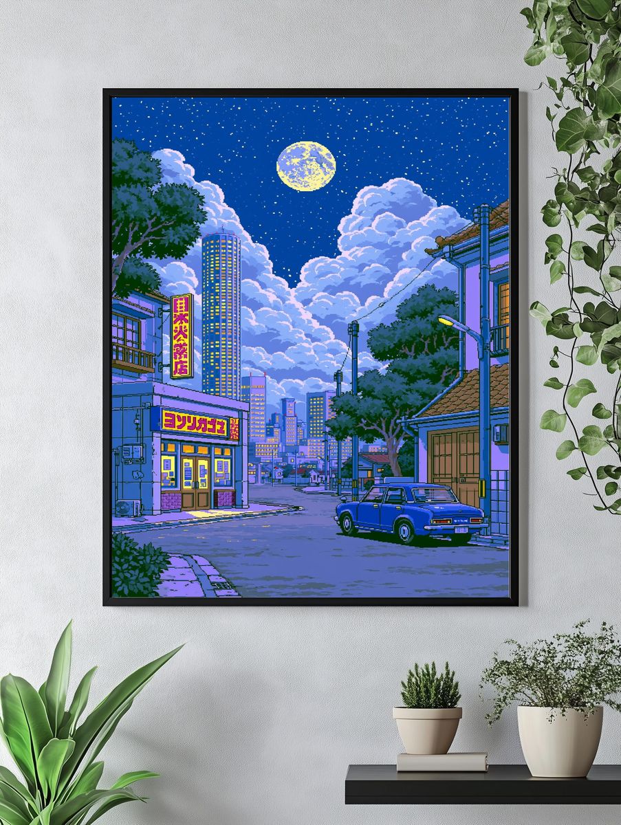 Moonlit Tokyo Street Illustration Poster. — room view 4