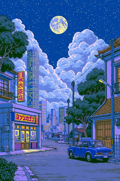 Moonlit Tokyo Street Illustration Poster.
