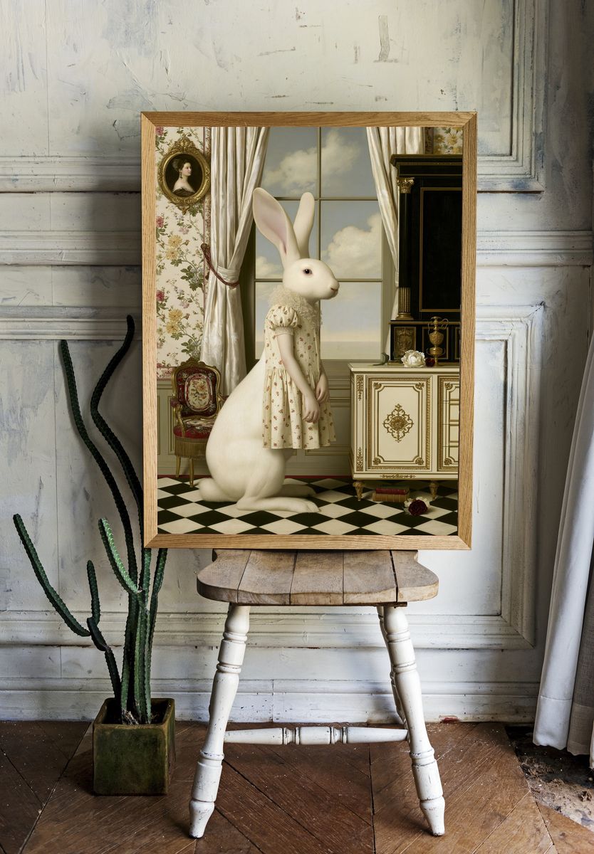 Surreal Rabbit Portrait Print. room preview