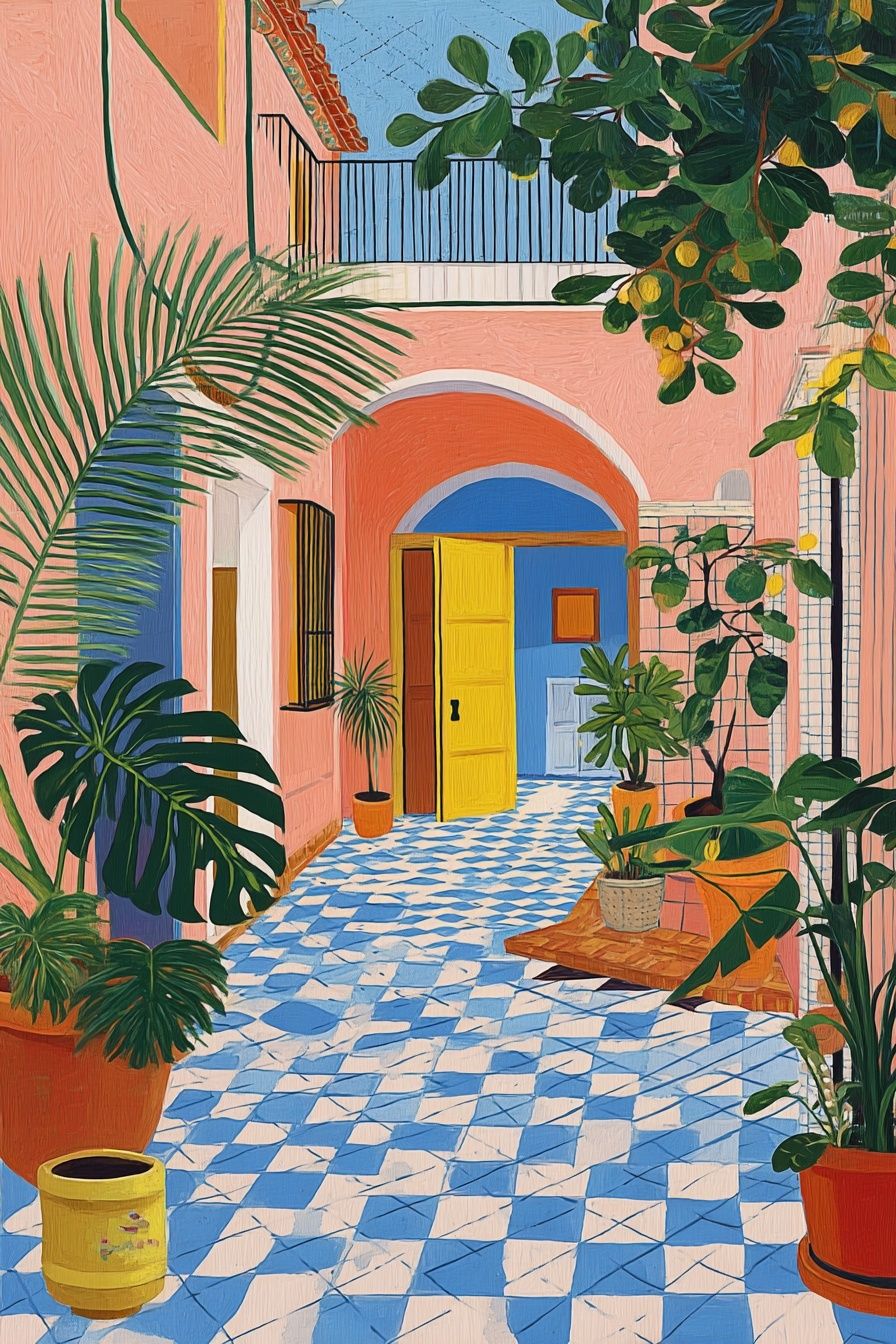 Colorful Courtyard Garden Print. poster — illustration art