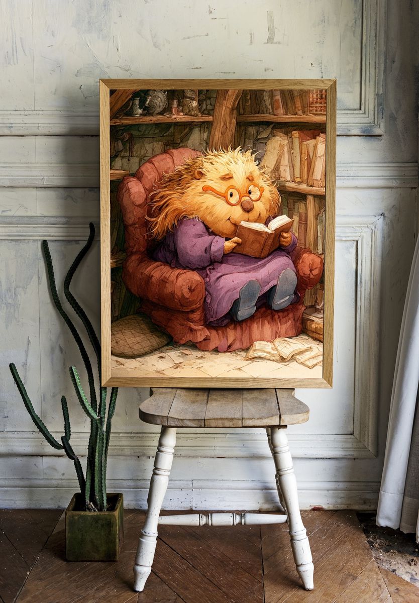 Reading Hedgehog Illustration Poster. — room view 1