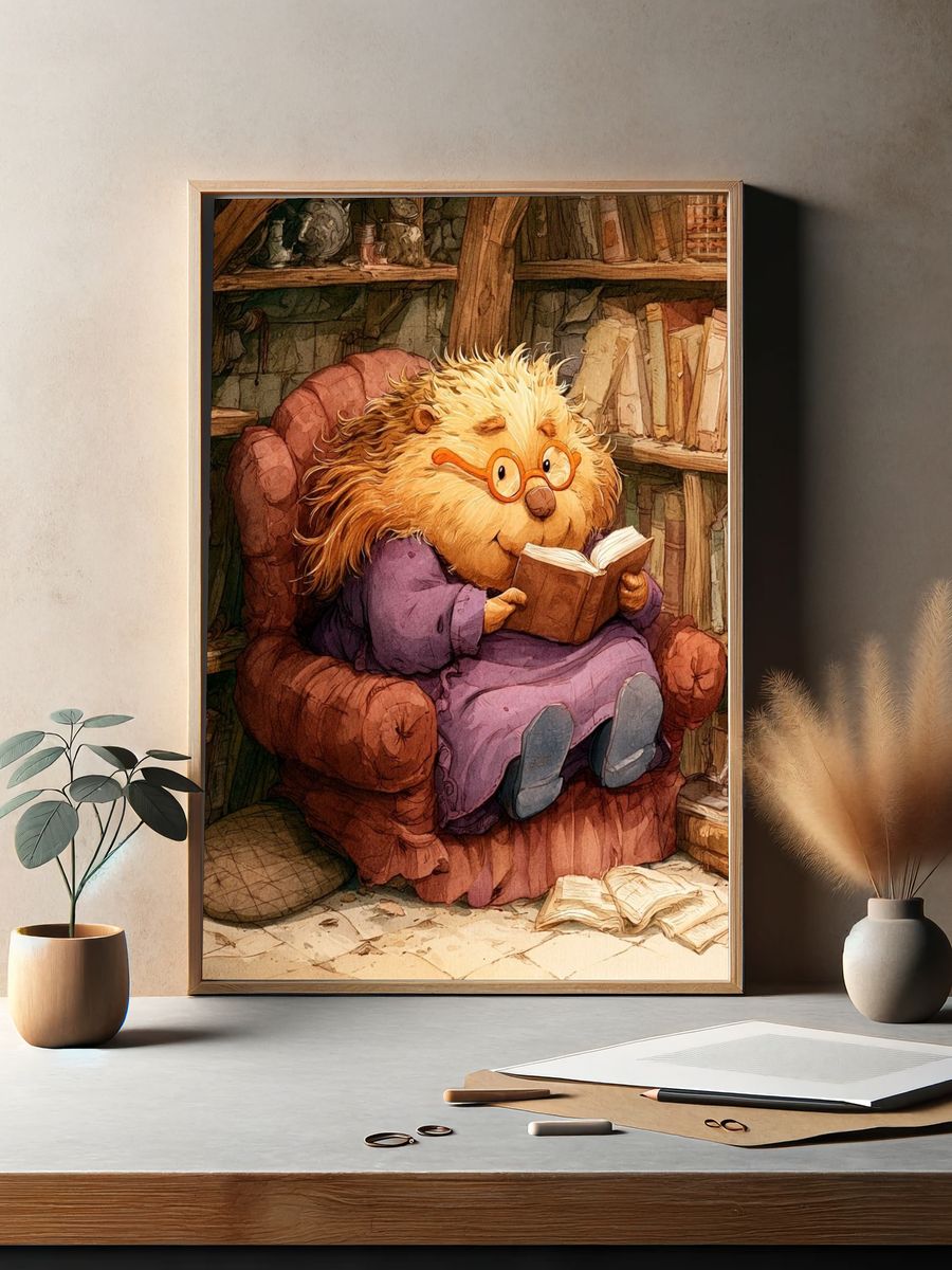 Reading Hedgehog Illustration Poster. — room view 2