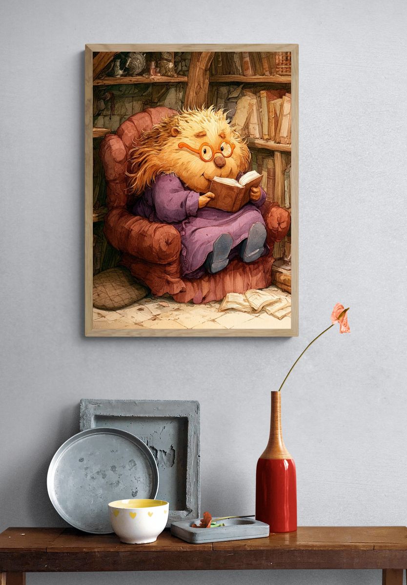 Reading Hedgehog Illustration Poster. — room view 3