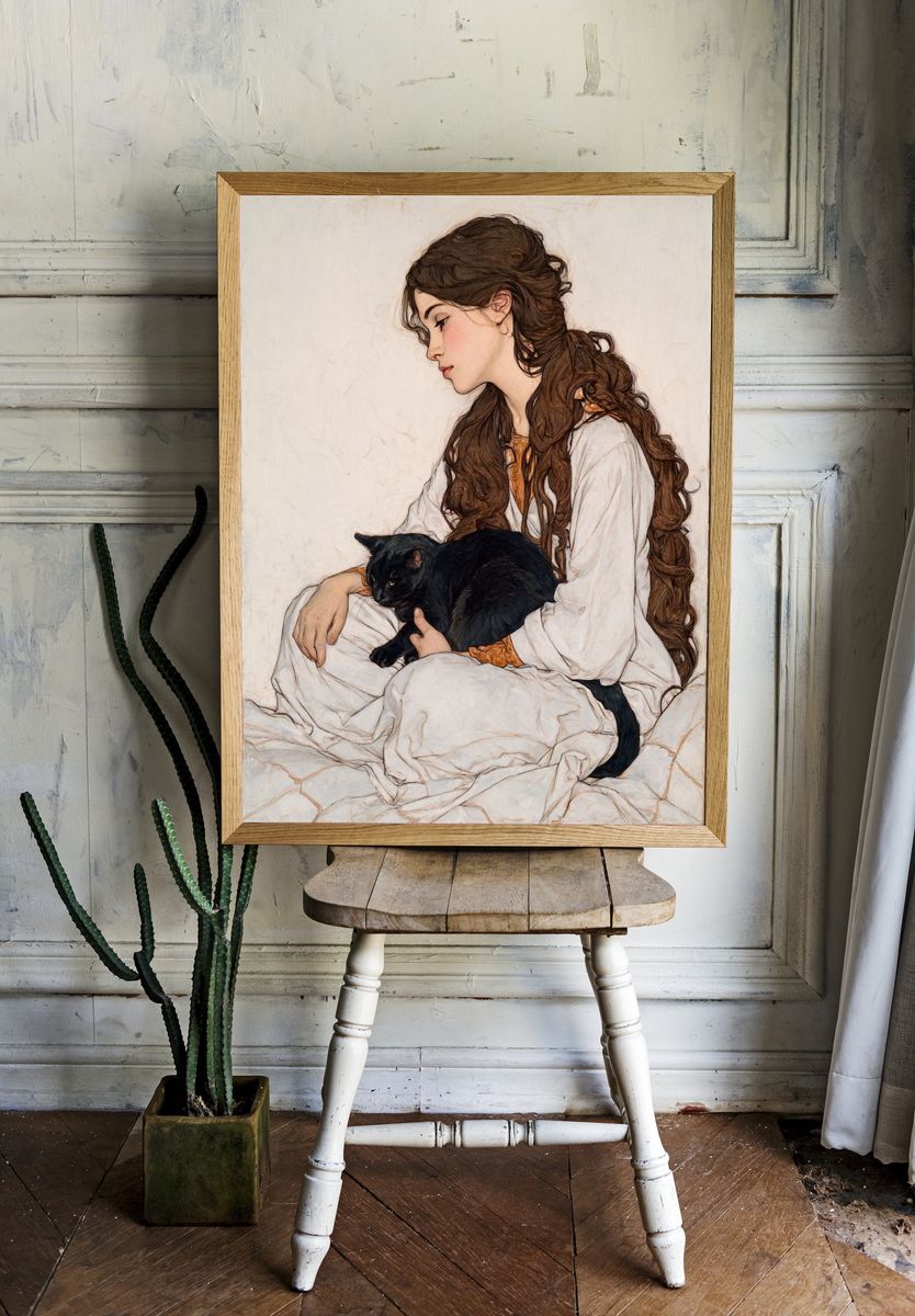 Girl with Black Cat Illustration Poster. — room view 1
