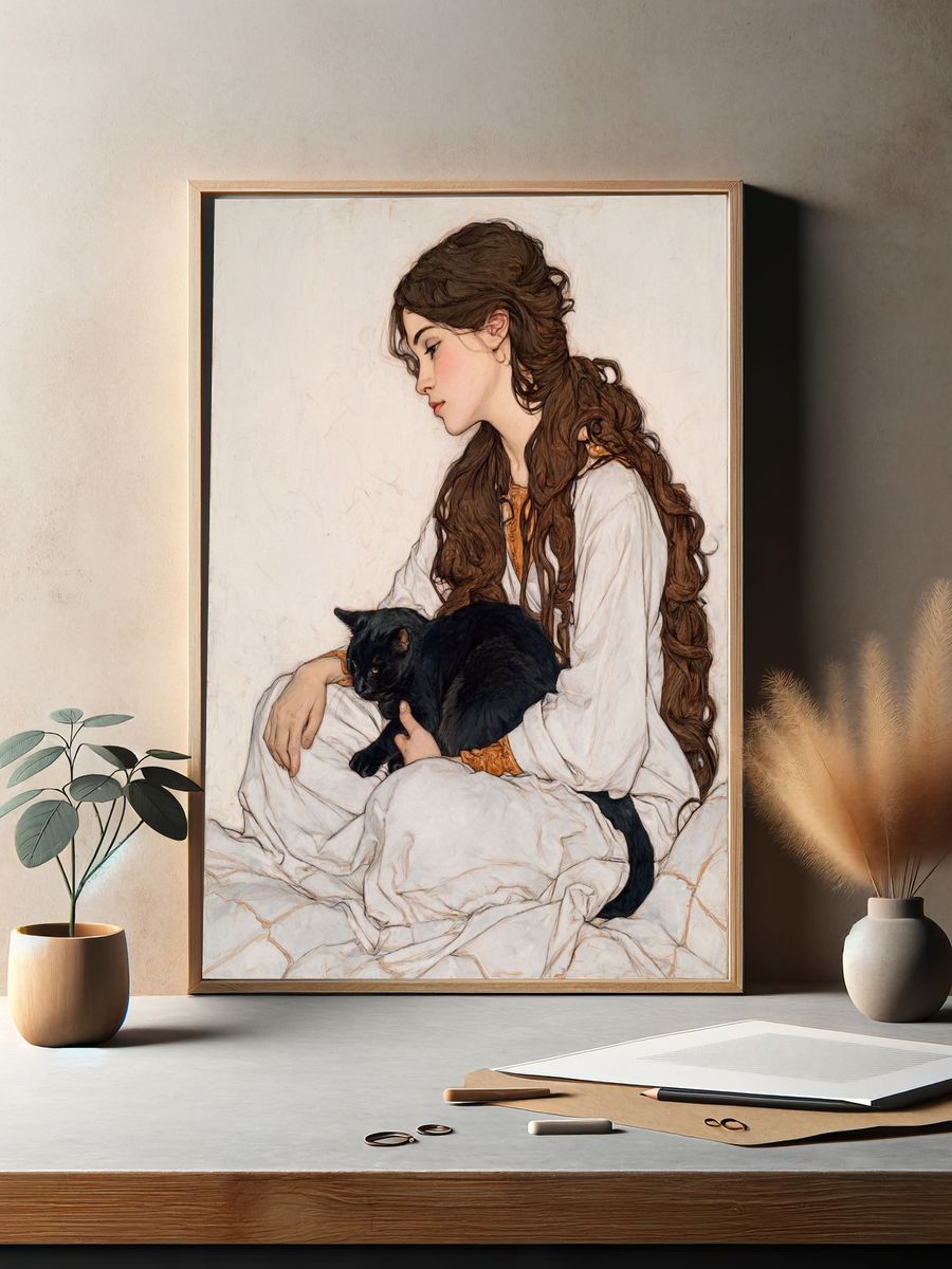 Girl with Black Cat Illustration Poster. — room view 2