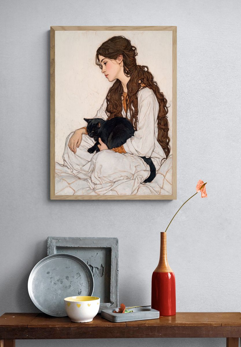 Girl with Black Cat Illustration Poster. — room view 3