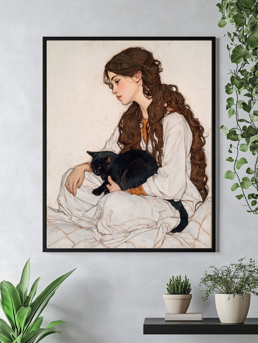 Girl with Black Cat Illustration Poster. — room view 4
